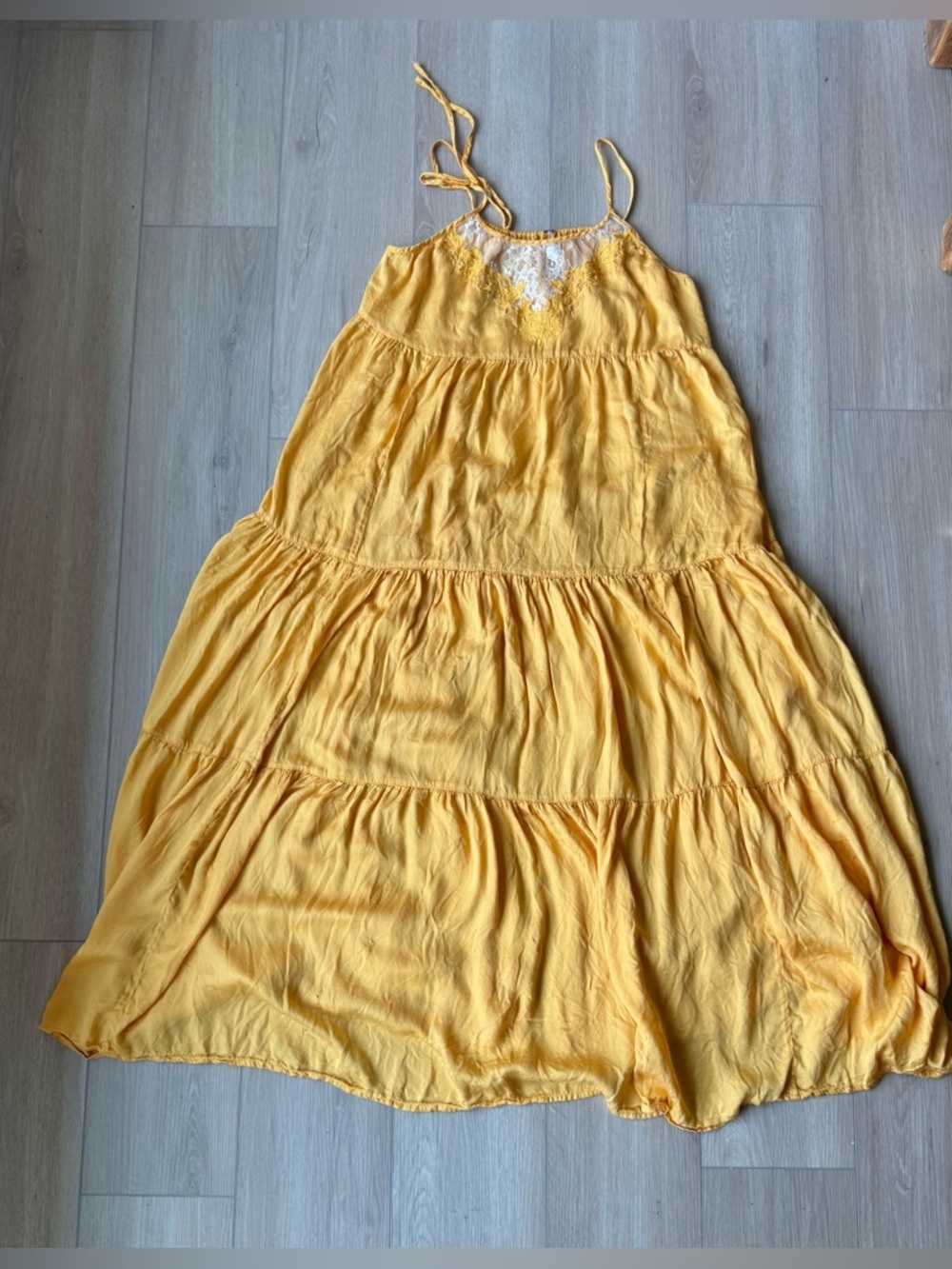 Free People Yellow Lace Trim Tiered Maxi Dress S/P EUC Boho - Picture 8 of 12